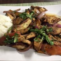 Lomo Saltado With Chicken · Sauteed with onions tomato, served with potato and rice.