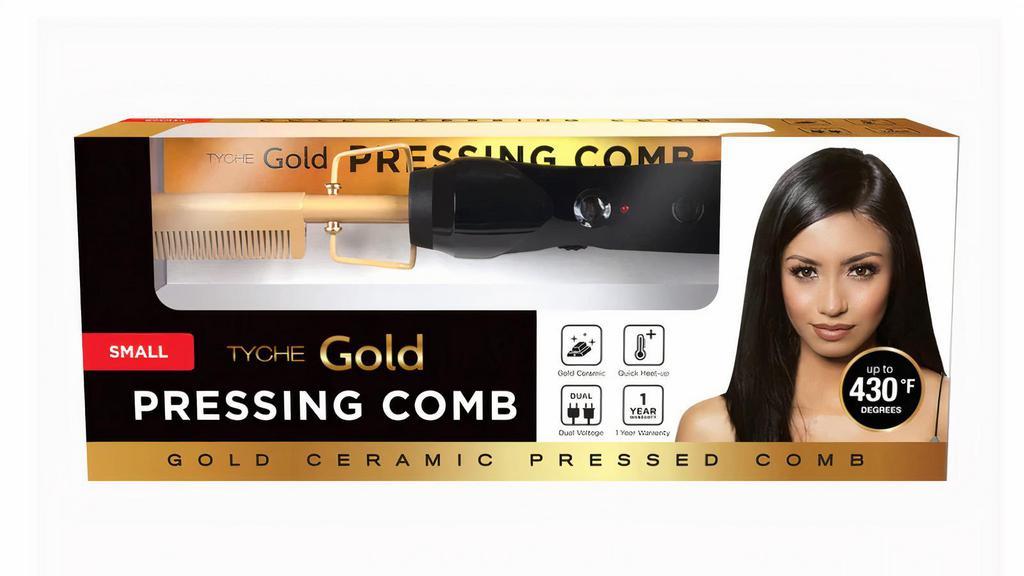 Tyche Gold Pressing Comb Small  · The TYCHE Gold Pressing Comb transforms unruly hair to manageably soft, shiny, and silky hair. The gold ceramic coated comb with its wedge-shaped teeth provides even heat as it glides through hair resulting in silky straight hair that is ready to be styled.