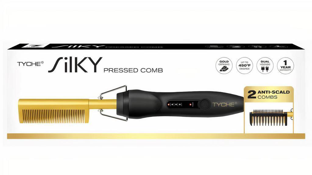 Tyche Silky Pressed Comb  · The TYCHE SILKY PRESSED COMB transforms unruly hair to manageably soft, shiny, and silky. The maximum heat of 450 degrees is maintained during use. The gold ceramic coated comb with its wedge-shaped teeth provides even heat as it glides through hair resulting in silky straight hair that is ready to be styled.