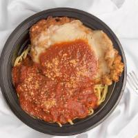 Chicken Parm Over Pasta · Grammy's HUGE chicken breast, hand-breaded, pan fried in olive oil, smothered in provolone a...