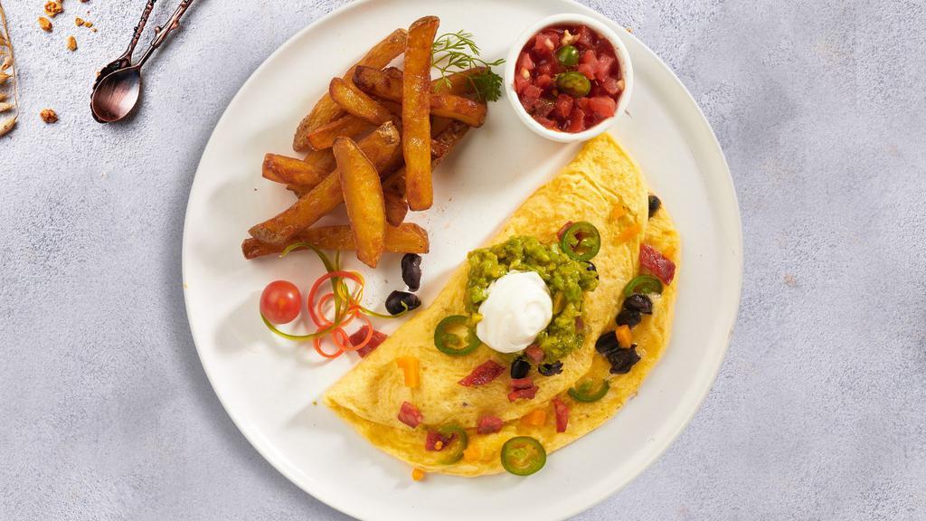 Ala Mexicano Eggs · Jalapenos, black beans, chorizo cooked in your style of eggs and topped with sour cream, salsa, & guacamole. Served with home fries with toast.