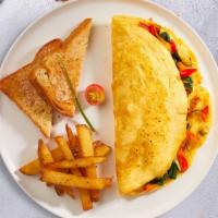 Veggie Vigil Eggs · Eggs, grilled zucchini, yellow squash , roasted red peppers, spinach and cheddar cheese serv...