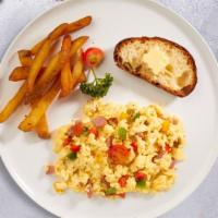 Ham Sham Eggs · Ham, onion, peppers, and cheese cooked in choice of your style of eggs & served with home fr...