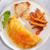 Cheese Biz Eggs · Eggs cooked with loaded cheese as an omelette or scrambled eggs and served with toast and ho...