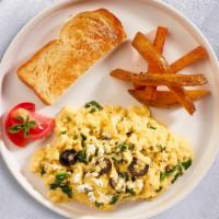 Cruisin' Eggs · Eggs, black olives, feta cheese, spinach served with your choice of toast and home fries