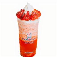 Strawberry Crema X (24 Oz) · Fresh strawberry smoothie topped with whipped cream, strawberries and crystal boba