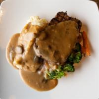 Bison And Pork Meatloaf · Lightly grilled bison and pork meatloaf served with your choice of mashed or roasted potatoe...