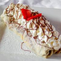 Crepe Aux Fraises Chocolat · Fresh strawberries, Nutella, whipped cream, and powdered sugar.