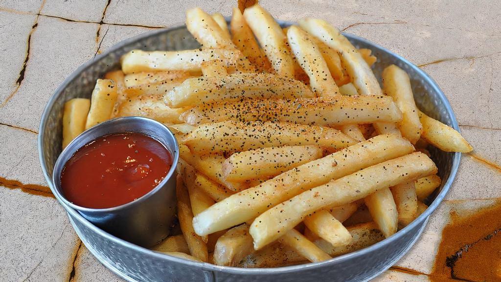 Zaatar French Fries · Crispy french fries with a middle eastern spice mixture of thyme, sesame seeds, drizzled with extra virgin olive oil. Vegan. Vegetarian. Gluten free.