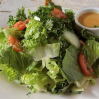 Green Salad (V,Gf) · Romaine lettuce with tomato, cucumber, parsley, and homemade house dressing.