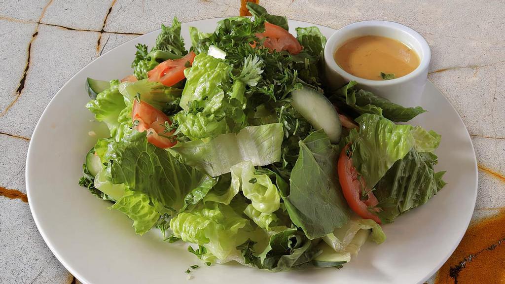 Green Salad · Fresh romaine lettuce with tomatoes, cucumbers, parsley, and homemade lemon garlic dressing. Vegan. Vegetarian. Gluten free.