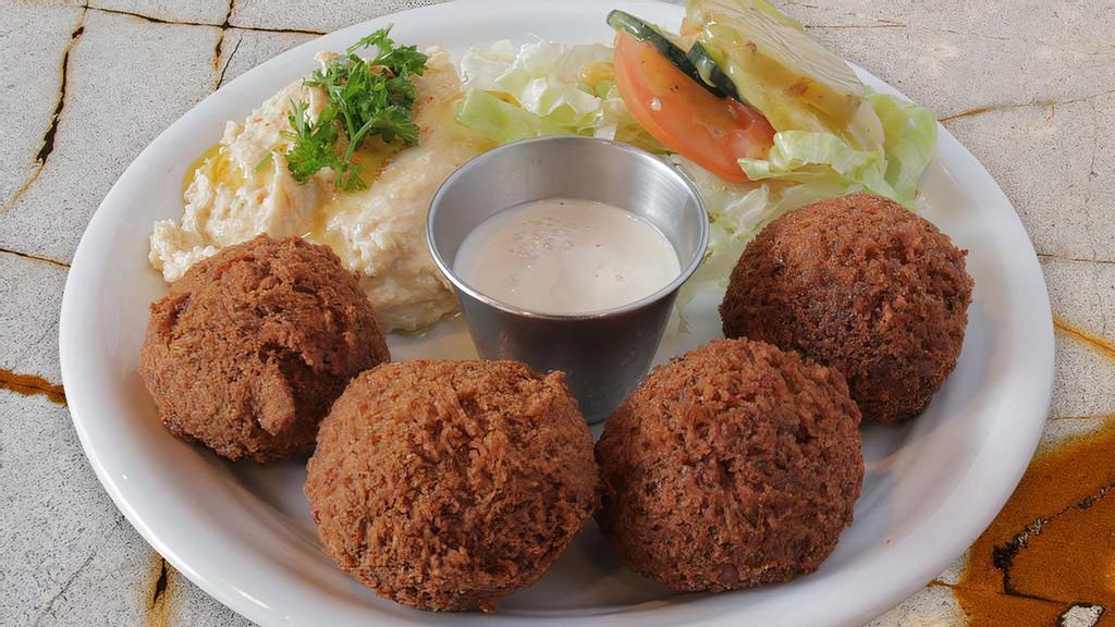 Falafel Plate (V,Gf)  · Four homemade falafels with hummus, side salad, and tahini sauce. Comes with one pita bread.