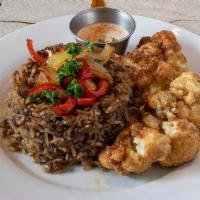 Majadra Platter (V,Gf)  · Lentil with rice, caramelized onions and a side of cauliflower with tahini sauce and one pit...