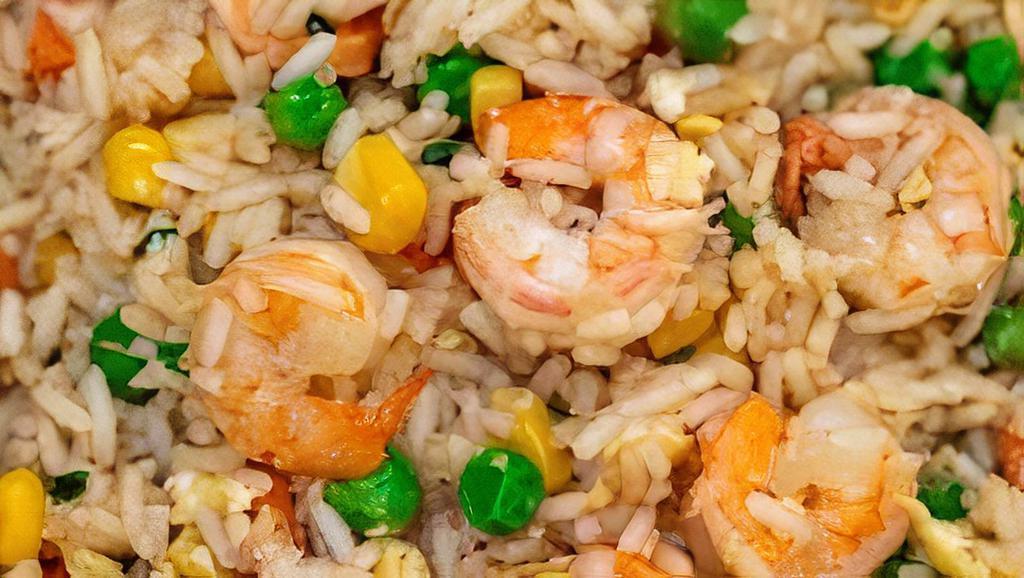 Shrimp Fried Rice · Authentic fried rice cooked with egg, peas and carrots, green onions and choice of one item