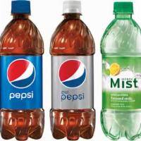 20 Oz. Bottle · Pepsi, diet pepsi, mist twist & mountain dew, brisk iced tea, mug root beer.