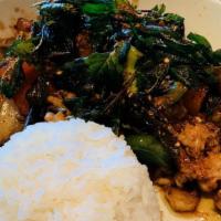 Spicy Chicken And Shrimp With Crispy Basil · Spicy. Ground chicken and shrimp stir fried with bell peppers, onions, and basil, topped wit...