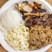 Big Kahuna · Beef teriyaki, chicken teriyaki and Kailua pork served with your choice of two sides.