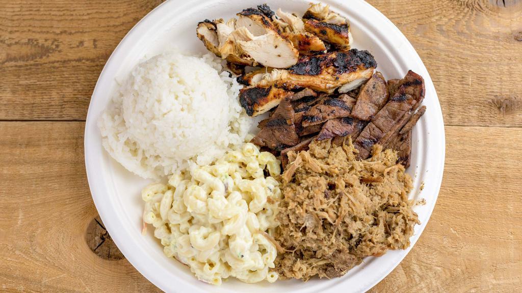 Big Kahuna · Beef teriyaki, chicken teriyaki and Kailua pork served with your choice of two sides.