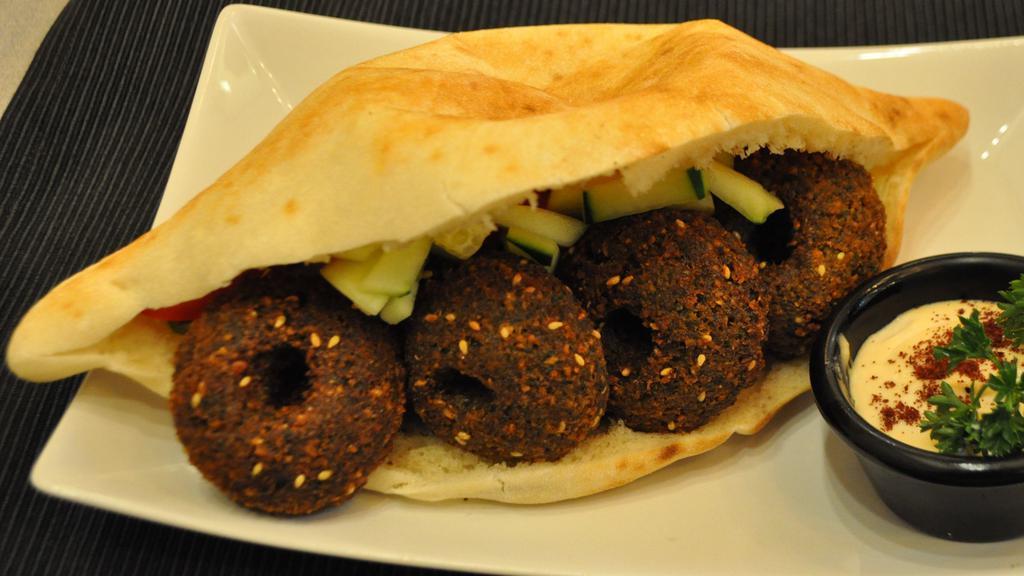 Falafel Sandwich · Meatless sandwich made from chickpeas and spices.