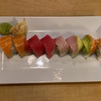 Rainbow · Raw fish. California roll top with hrimp, tuna, salmon, hamachi and izumidai. Thoroughly coo...