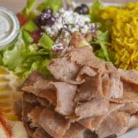 Gyros Plate · Sliced gyro, served with rice, hummus, Greek salad, pita bread, and tzatziki sauce.
