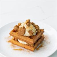 Cinnamon Bun Waffle · Our Brussels Waffle is topped with layers of mascarpone cream, cinnamon syrup, cinnamon suga...
