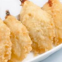 Prawn Tempura · Four butterflied prawns dipped in a light tempura batter and deep fried to a golden brown. S...