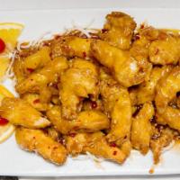 Sesame Chicken · Hot. Lightly battered slices of chicken white meat Sautéed in hot and spicy sesame sauce. Se...