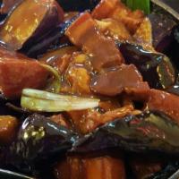 Eggplant & Pork Hotpot 红烧肉茄子 · Stewed eggplant & pork with scallions in hot pot.Served with scallion pancakes.