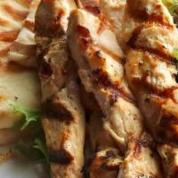 Grilled Basil-Garlic Chicken Skewers · 5 marinated chicken breast, cucumber dill sauce, pita + field greens with balsamic vinaigrette