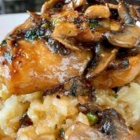 Sweet + Savory Chicken Marsala · pan-seared chicken breast, fresh mushrooms and marsala sauce served with creamy risotto