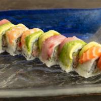 Rainbow Roll · California roll inside, topped with fresh salmon, tuna, yellowtail, shrimp and avocado.