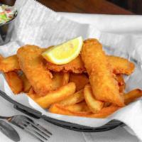Fish & Chips · Four pieces of beer battered cod. Served with fries.