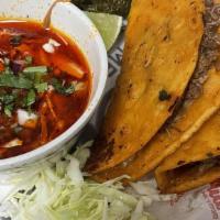 1 Quesabirria With Soup (Juicy Meat) · QuesaBirria tacos feature tortillas filled with the stew's tender, juicy meat. The tortillas...