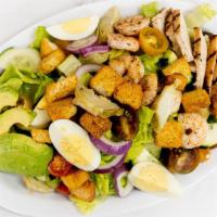 Chef Chopped Salad · Mixed lettuce, avocado, cucumbers, tomatoes, red onions, hard eggs, croutons, grilled chicke...