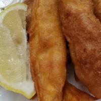 Fish And Chips · 3 PIECES deep fried beer battered cod fish, potato wedges with tartar sauce.