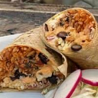 Coliflor Burrito · Chimichurri roasted cauliflower, cabbage, pickled onions, chipotle aioli, cotija, cilantro, ...