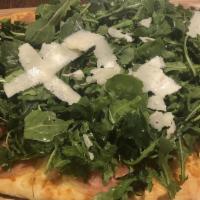 Arugula, Prosciutto &  Pecorino · italian cured ham, roasted garlic, truffle oil, cheese blend,  & french sea salt