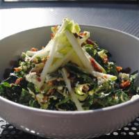 Kale Yeah Mother Brussel · Kale, Shaved Brussels, Bacon, . Cherry Tomatoes, Granny Apples, Gorgonzola, Roasted Almonds,...