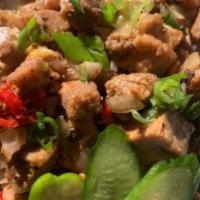 Pork Sisig · Thinly sliced marinated pork with yellow, red and green onions seasoned with a citrus flavor...