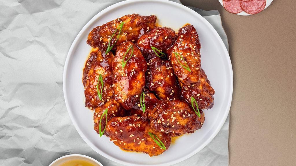 Seoul Side Bbq Wings · Breaded or naked fresh chicken wings, fried until golden brown, and tossed in Korean BBQ sauce. Served with a side of ranch or bleu cheese.