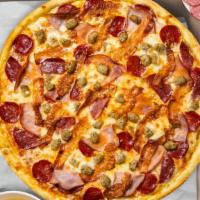 Metric Meat Pizza · Mozzarella, pepperoni, chicken, and sausage baked on a hand-tossed dough.