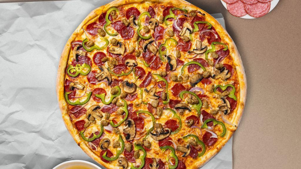 Loaded Legacy Pizza · Fresh mushrooms, green peppers, red onions, pepperoni, and fresh mozzarella baked on a hand-tossed dough.