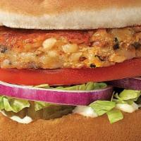 Veggie Burger · 4 oz. - Morningstar Farms, chipotle black bean patty, w/lettuce, tomato & red onions, on a t...