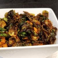 Brussel Sprouts · Brussels sprouts, diced sweet potato, with orange balsamic drizzle