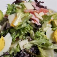 Chef Salad · Turkey, Swiss cheese, cheddar cheese, avocado, boiled egg, on mixed greens with veggies and ...