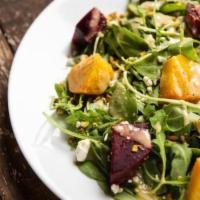 Beets By Schrute · Baby arugula, roasted beet, roasted pistachio, bleu and tarragon vinaigrette.