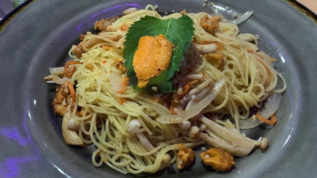 Uni Pasta · Angel hair pasta with uni, seaweed & mushroom.