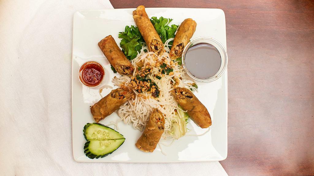 Chả Giò Chay - Vegetarian Egg Rolls (6) · Now Pho's favorite dish. Egg rolls are filled with tofu, bean curd, veggie ham, bean threads, wood ear mushrooms, carrot, and onions. Served with soy sauce.
