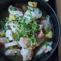 Pineapple Shrimp Ceviche · Pineapple, red bell pepper, red onion, jalapeno, lime